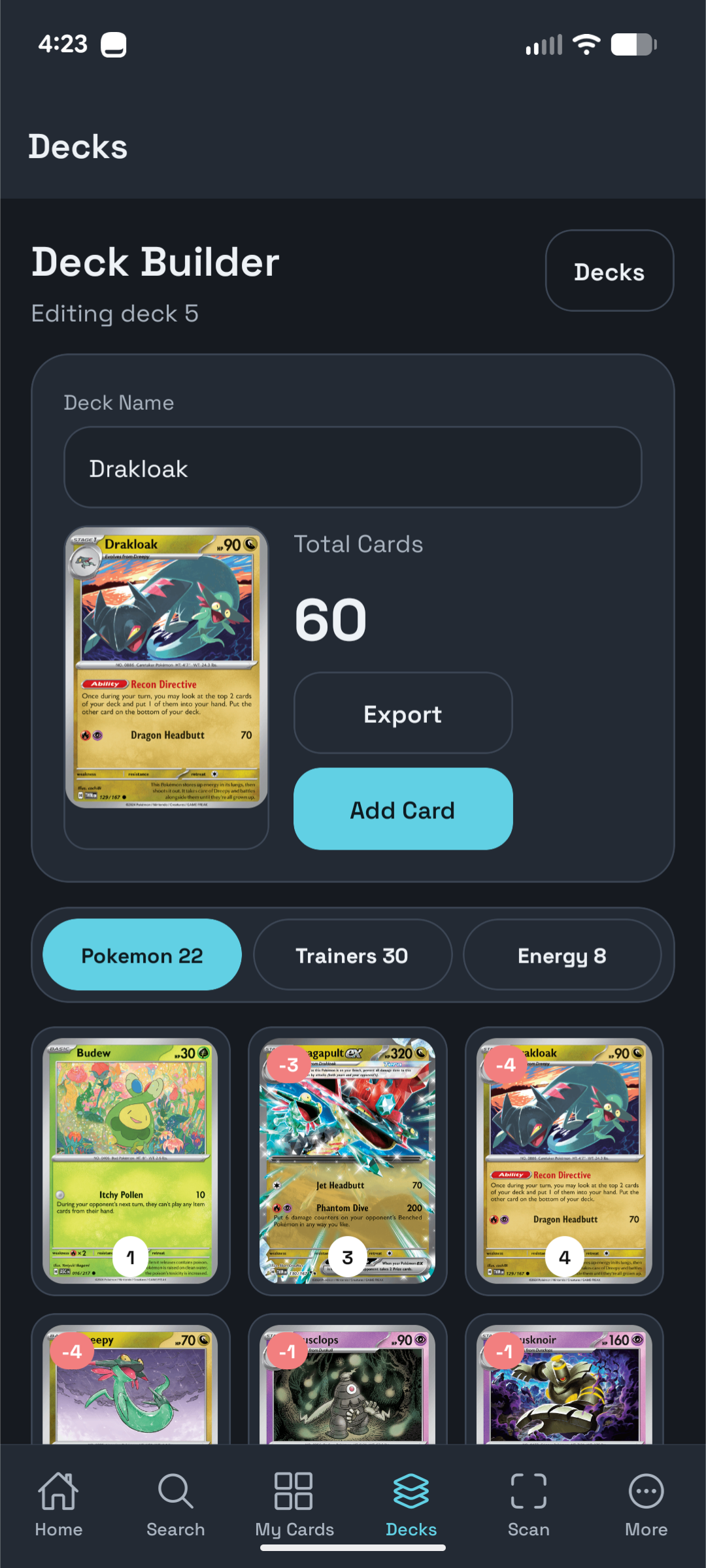 MyBulkCards mobile Pokemon TCG deck builder showing deck counts and card quantities